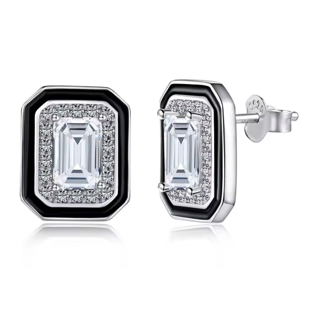 S925 Sterling Silver Black Enamel Princess Cute Rectangle Stud Earrings